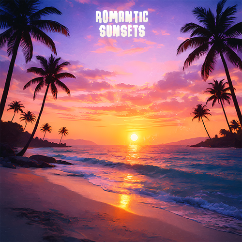 Romantic Sunsets Cover Art A Romantic Sunset Scene By The Beach, With Beautiful Skies